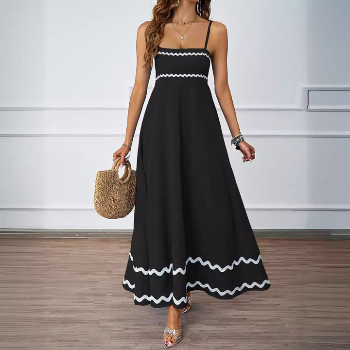 Women Long Maxi Dress with Spaghetti Straps and Decorative Hem Lune London