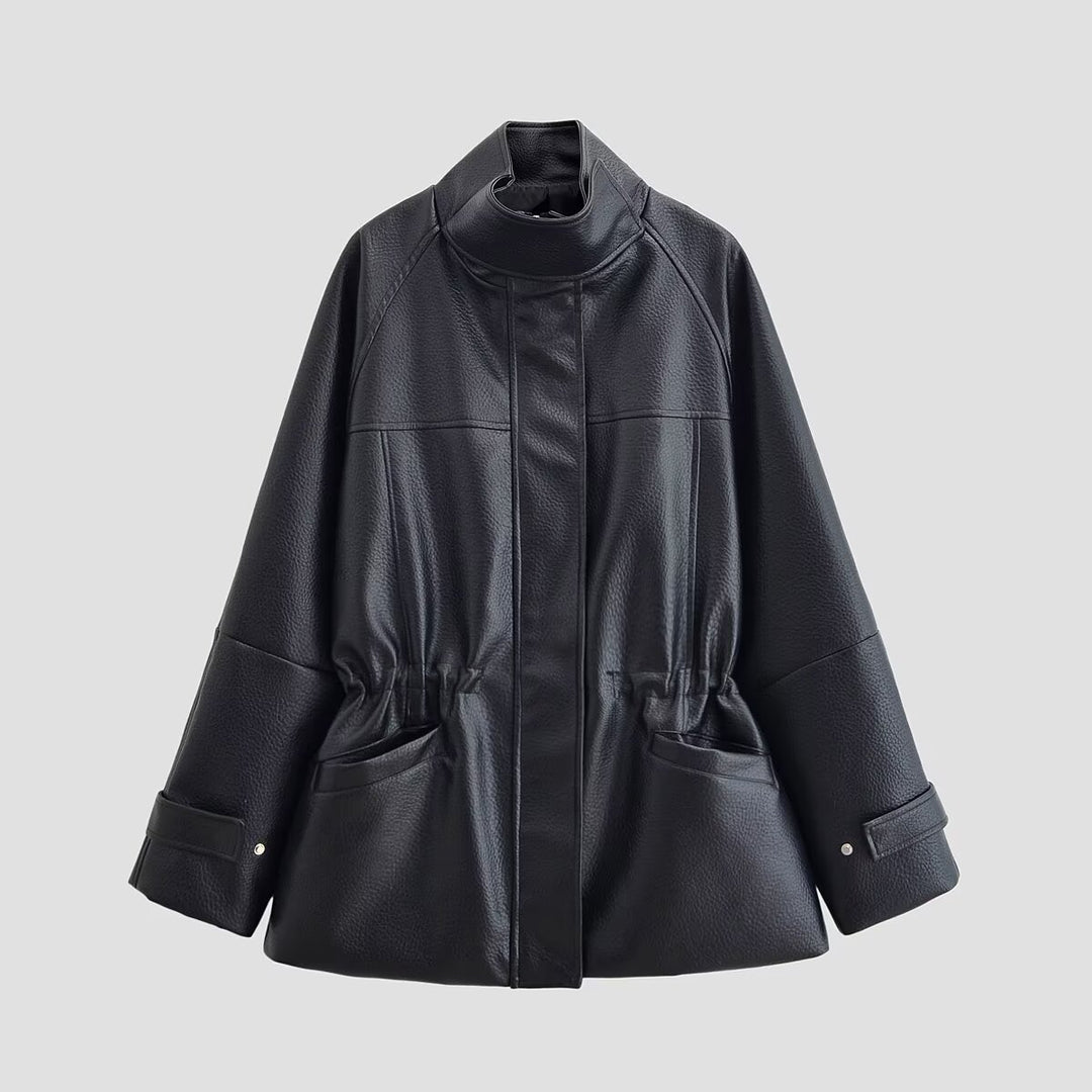 Women's Oversize Faux Leather Jacket with Stand-Up Collar, Drawstring Waist and Patch Pockets Amarae