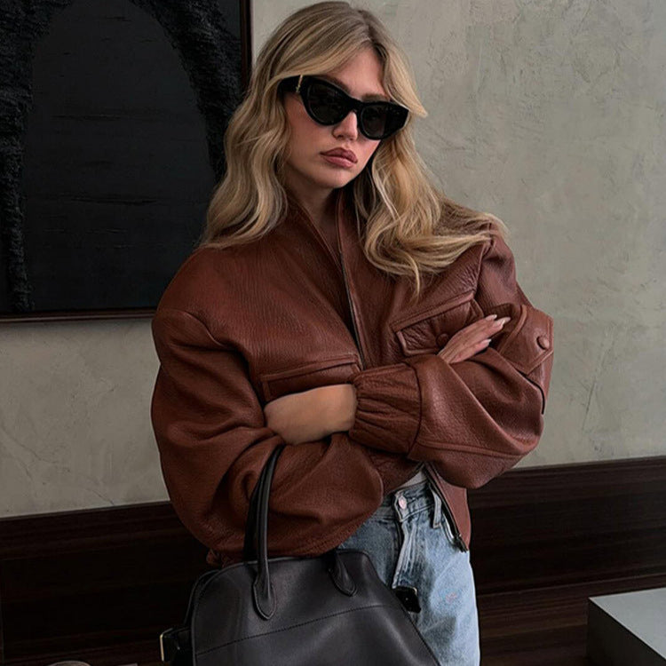 Fashionable synthetic leather jacket for women with unique pockets and elastic ribbed edge finishes Lune London