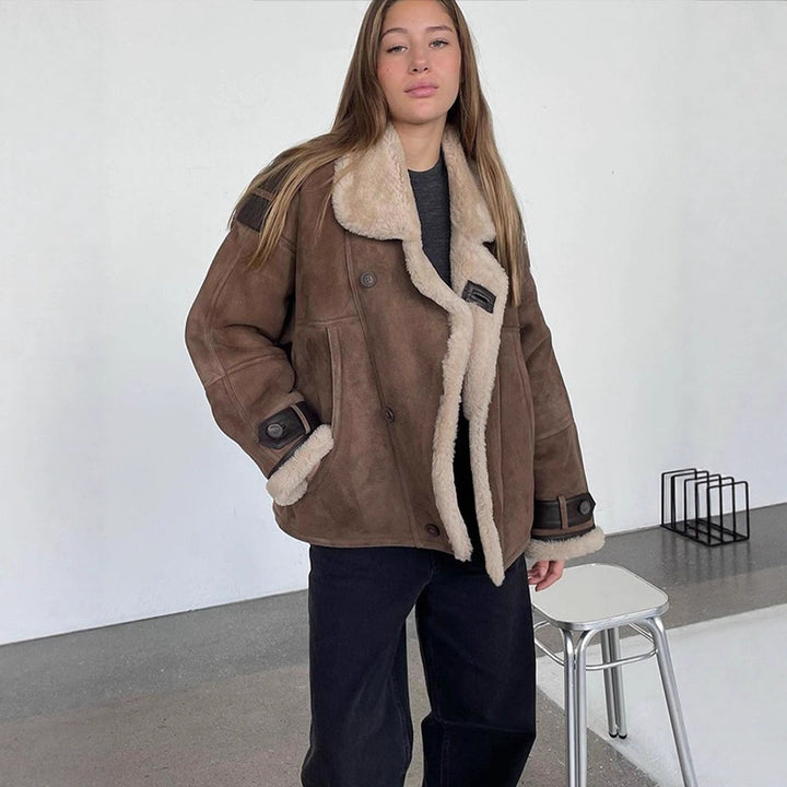 Women Oversize Shearling-Faux Flight Jacket with Contrasting Trim & Buckle Details Amarae