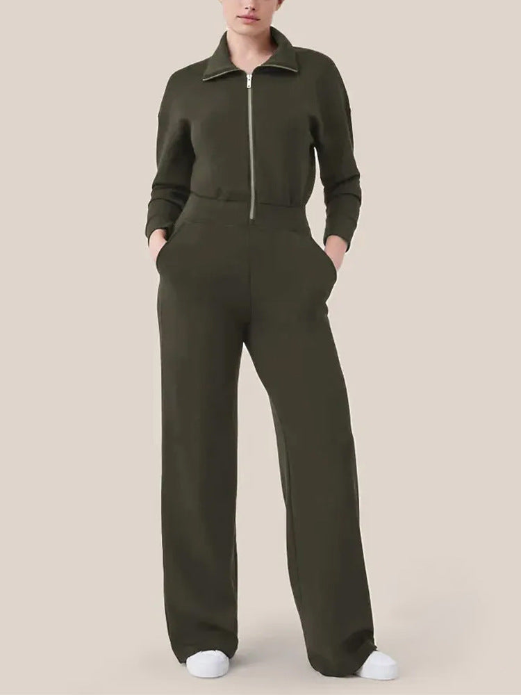 Ladies Luxurious Lounge Jumpsuit with elegant high collar and convenient zipper Lune London