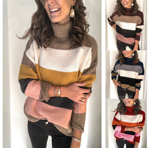 Stylish knitted sweater for women with a relaxed roll neck and chic color block design