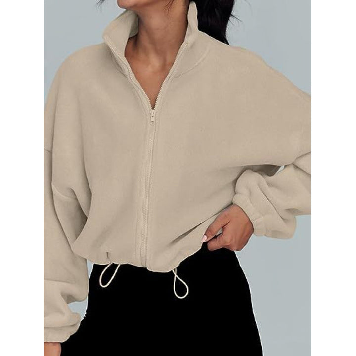 Trendy oversized zip-up pullover for ladies with high collar and drawstring Lune London
