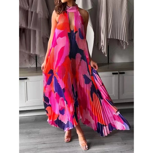 Pleated maxi dress for women with a chic halter neck design