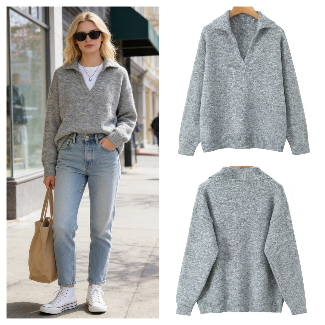 Pull-over tricot décontracté pour femmes avec col montant et col en V Chic & Stil