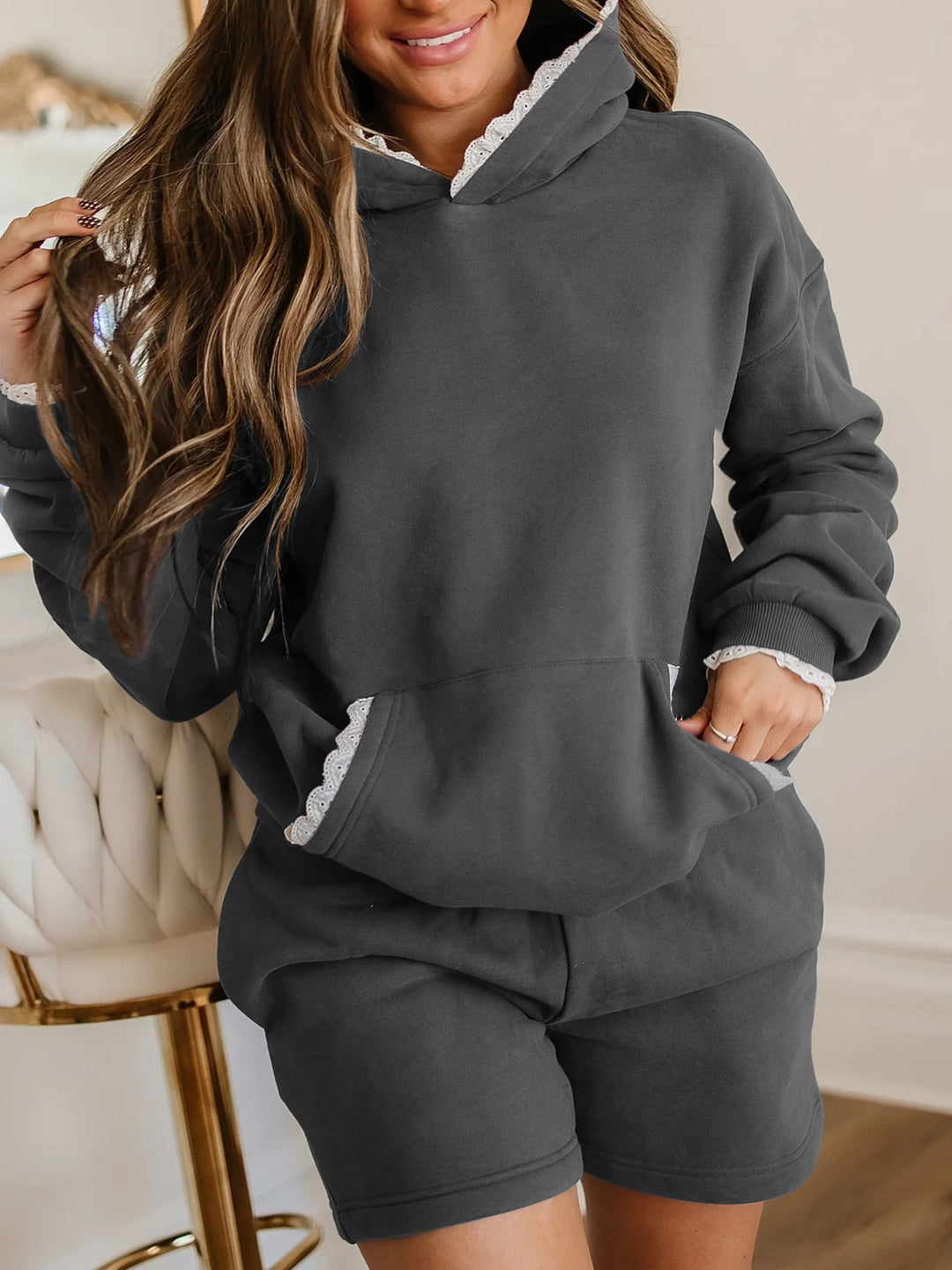 Casual hoodie set for women with decorative lace trim Lune London