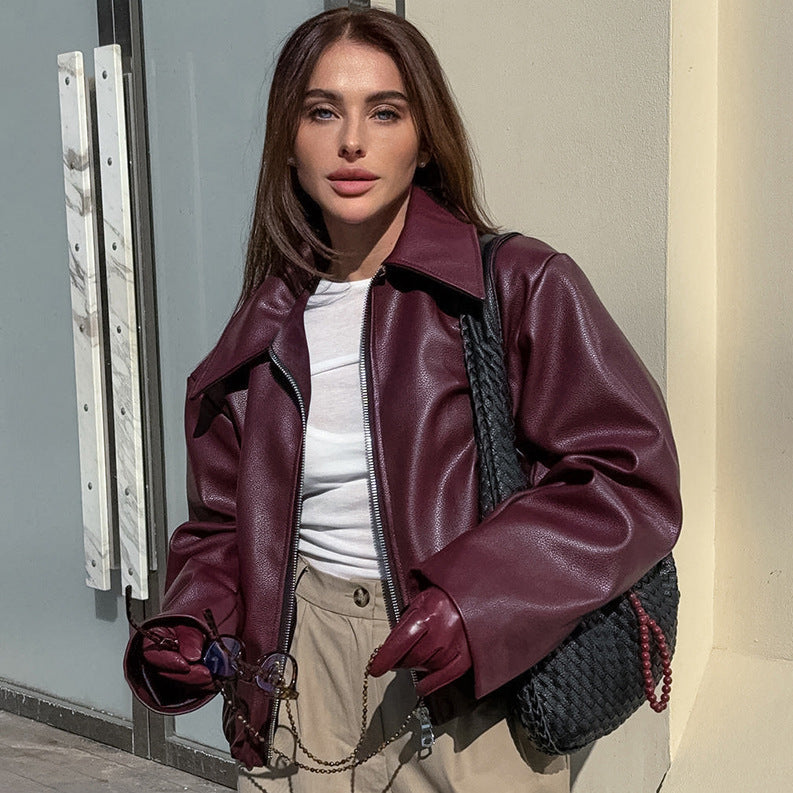 Urban style women’s faux leather jacket with high collar and practical pockets Lune London