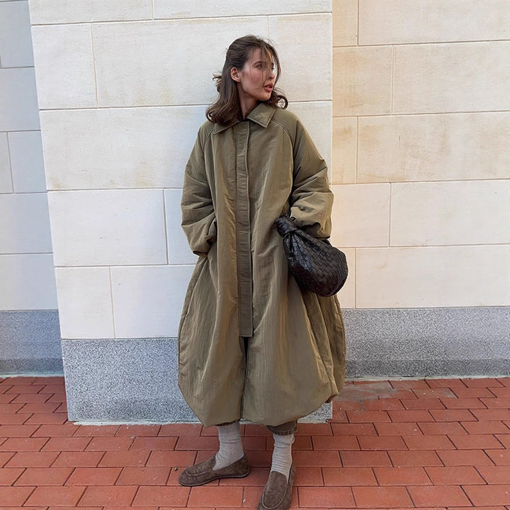 Women's oversized padded cocoon coat with concealed button placket and dropped shoulders Amarae
