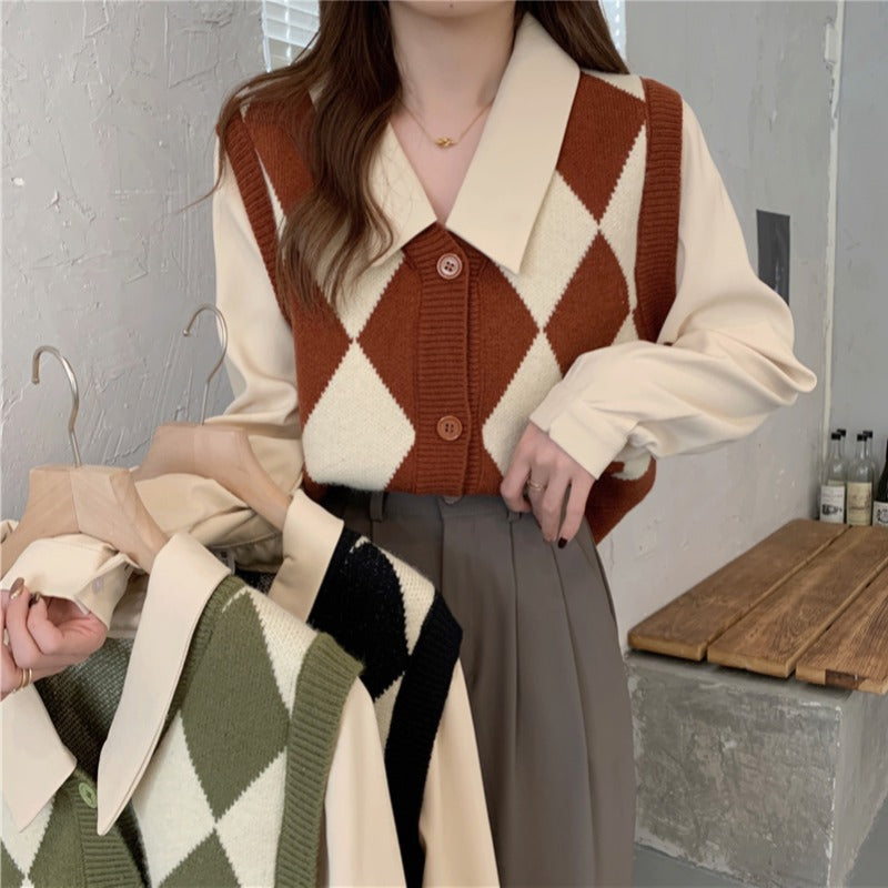 Gilet élégant pour femmes avec motif en diamant et col chemise Chic & Stil