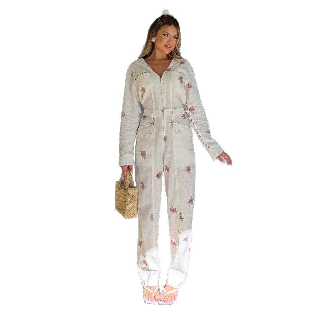 Women's Lightweight Long Jumpsuit with V-Neck, Zipper, Lace Inserts, and Floral Print Amarae