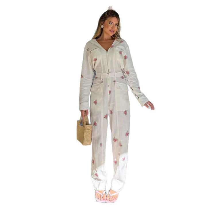 Women's Lightweight Long Jumpsuit with V-Neck, Zipper, Lace Inserts, and Floral Print Amarae