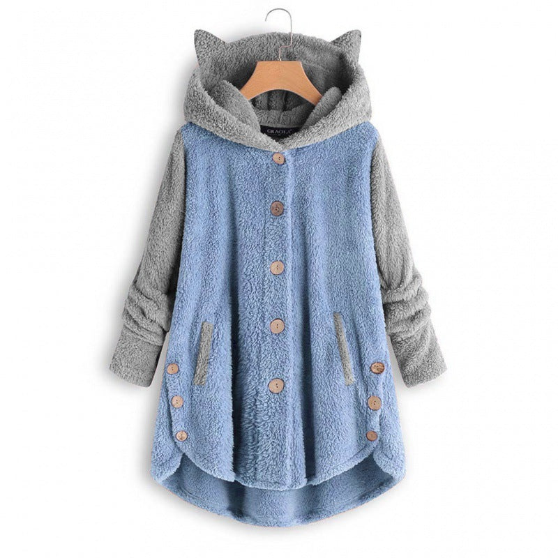 Women's Cozy Hooded Teddy Jacket with Cat Ears, Wooden Button Details and High-Low Hem Amarae