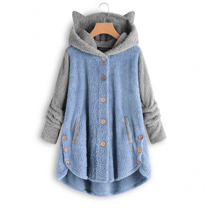 Women's Cozy Hooded Teddy Jacket with Cat Ears, Wooden Button Details and High-Low Hem Amarae