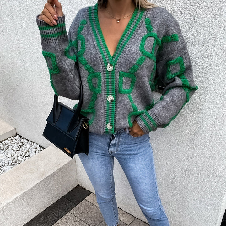 Ladies Big Knit Cardigan with geometric pattern and large buttons Lune London