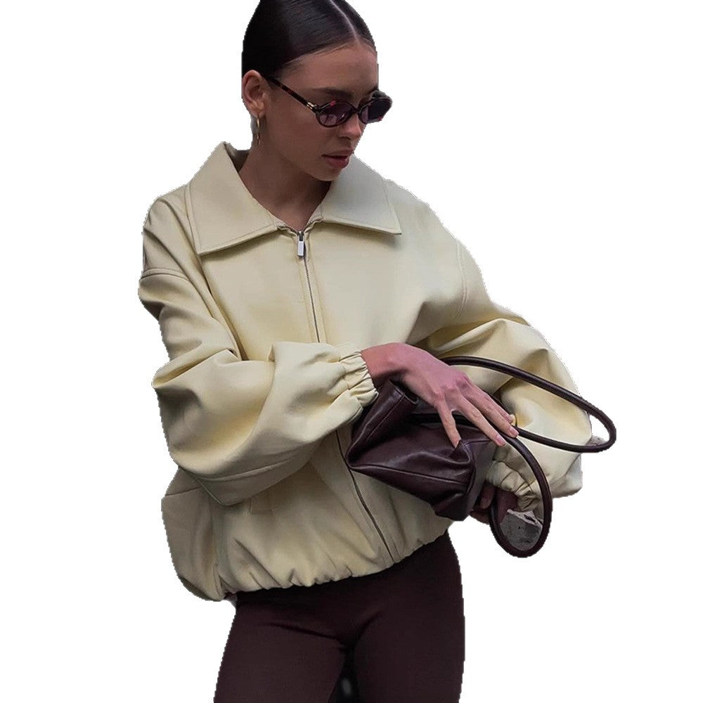 Women's Oversize Bomber Jacket with Oversized Balloon Sleeves and Zipper Amarae