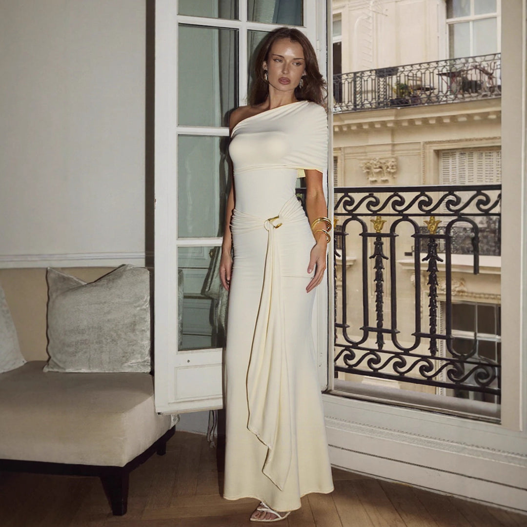 Ladies Elegant One-Shoulder Maxi Dress with figure-hugging cut and playful tie band Lune London