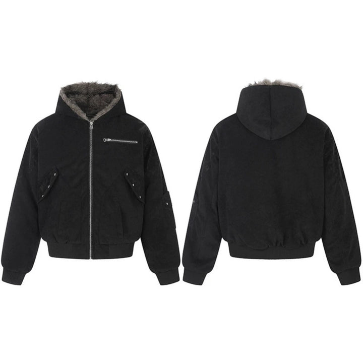 Ladies Oversize Velvet Bomber Jacket with Hood, Faux Fur Lining and Zipper Front Amarae