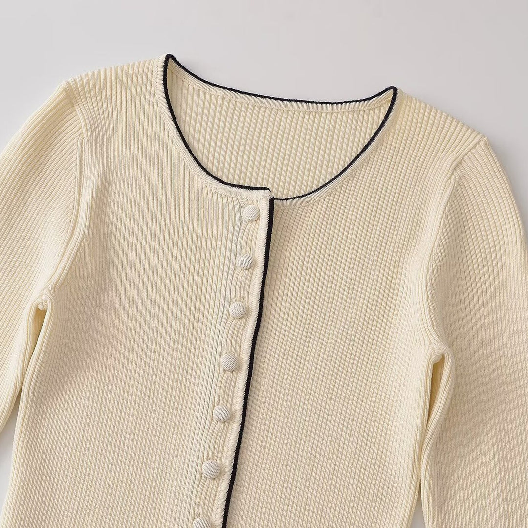 Women's fine ribbed cardigan with concealed button placket and contrast edge Amarae