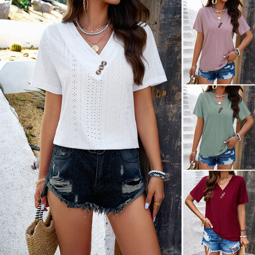 Long sleeve blouse for women with airy V-neck and decorative button details Amarae