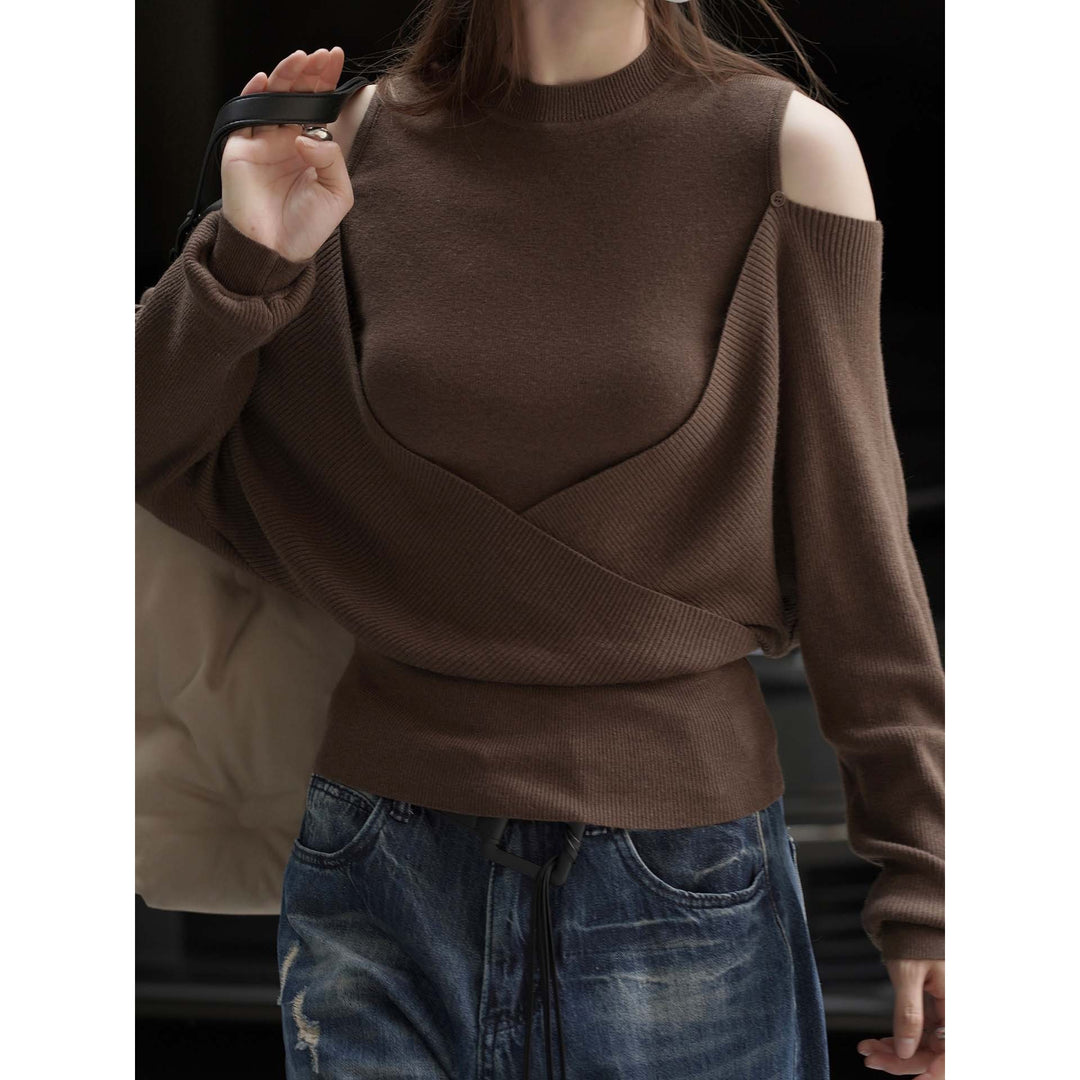 Women's Off-the-Shoulder Fine Knit Sweater with Asymmetrical Wrap Detail Amarae