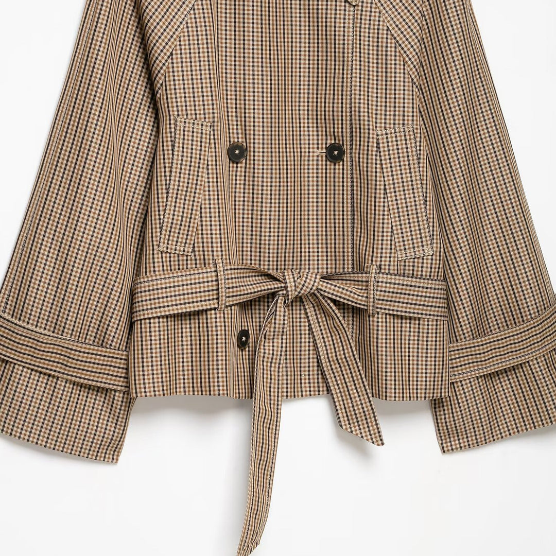 Women's short trench coat in Glencheck with boxy silhouette, tie belt and raglan sleeves Amarae