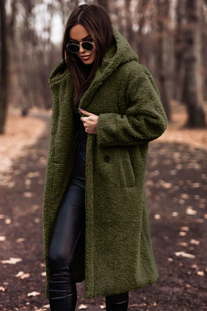 Amarae | Teddy Coat - Plus Size - Soft Fleece - Hood - Long Open Front
