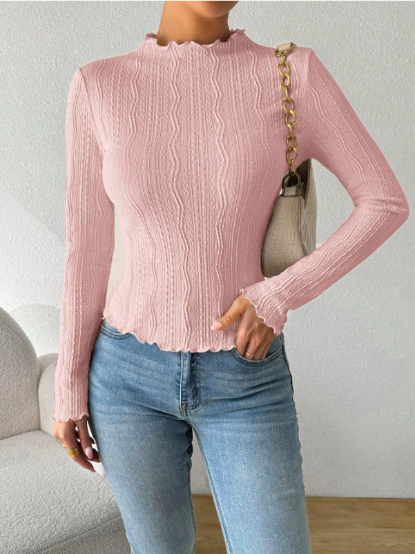 Ladies Elegant Long Sleeve T-shirt with Textured Design and Ruffles Lune London