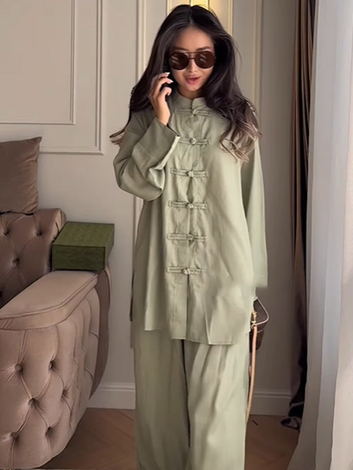 Women Two-Piece Oversize Lounge Set with Stand-Up Collar and Decorative Knot Closures Amarae