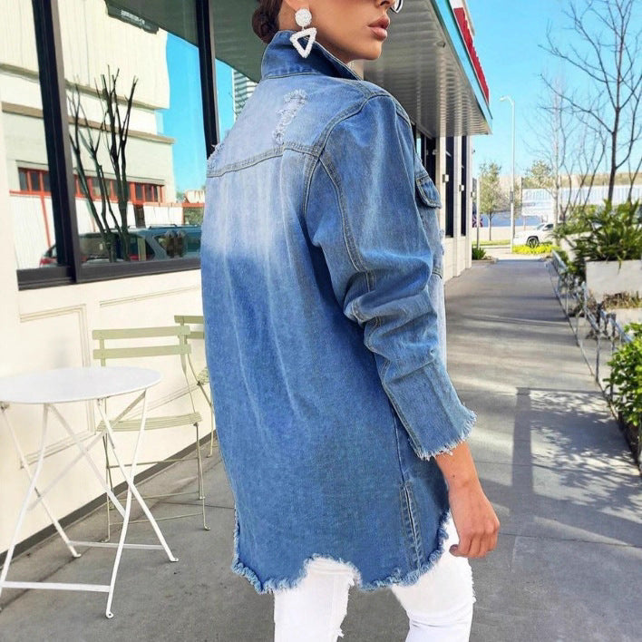 Women's Oversized Denim Jacket with Destroyed Details, Fringed Hem and Concealed Button Placket Amarae