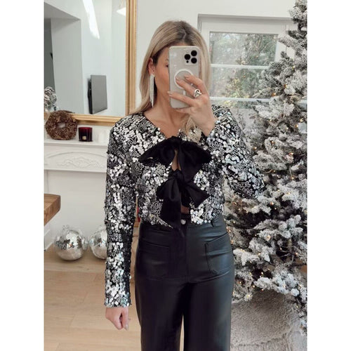 Veste en sequins brillants pour femmes avec accents de nœud élégants Chic & Stil