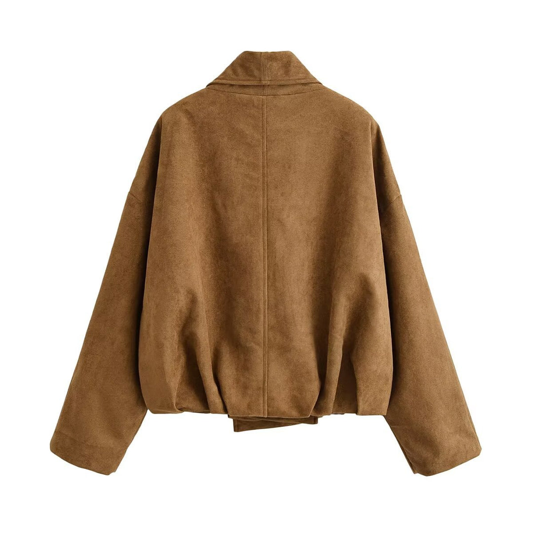 Women's short jacket in suede look with waterfall collar and ballooned hem Amarae