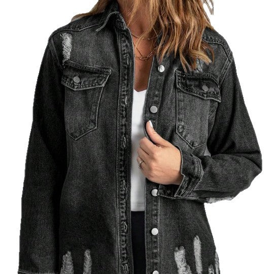 Women Oversized Denim Shirt Jacket with Distressed Details and Fringed Hem Amarae