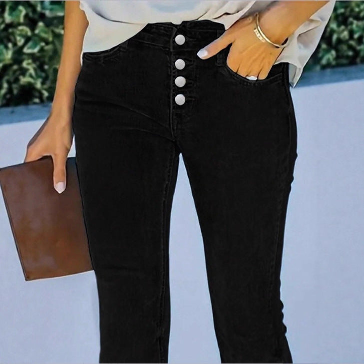 Ladies high-waisted flare jeans with decorative button placket and sculpting fit Amarae