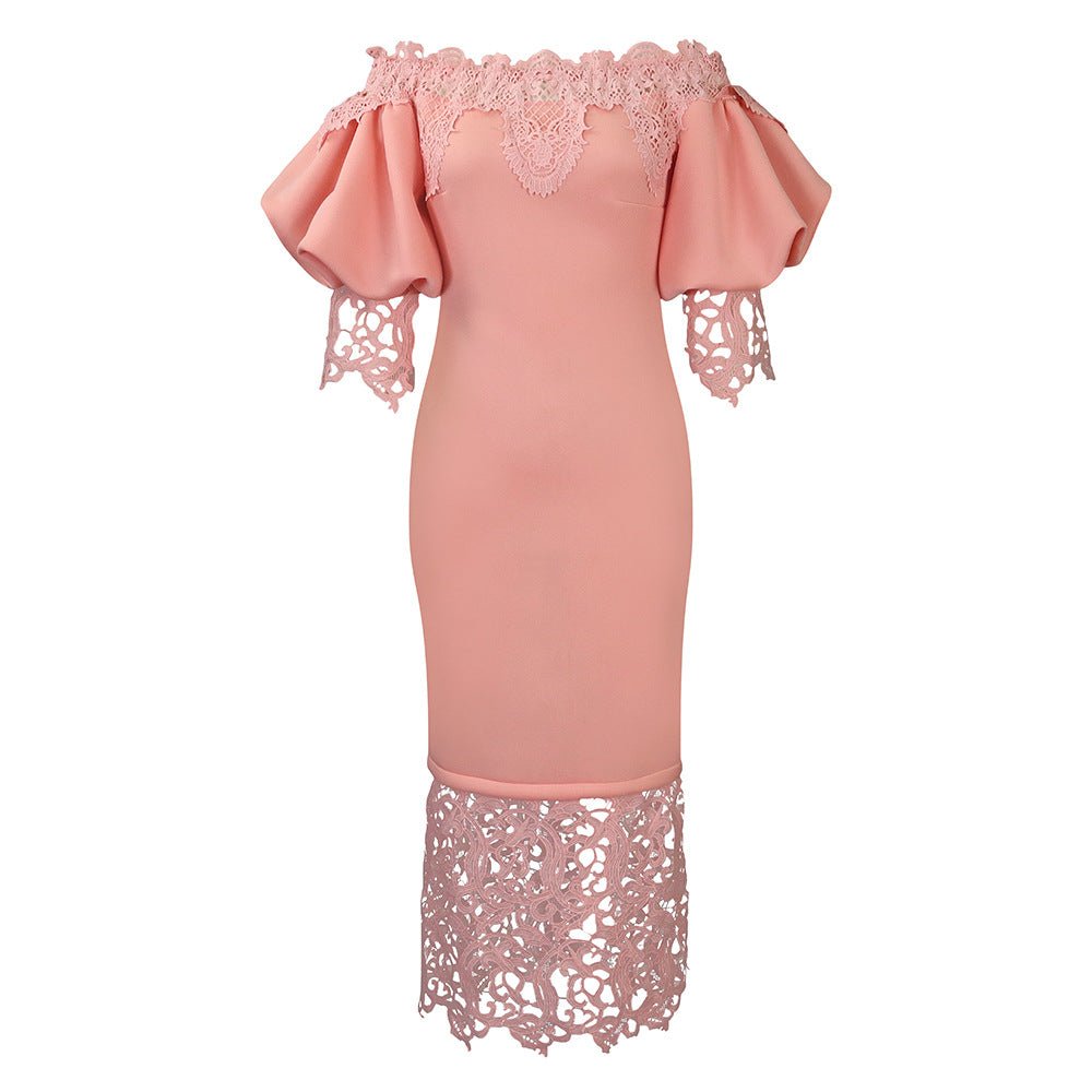 Maxi off-shoulder dress for women with lace accents and a flattering silhouette for Lune London