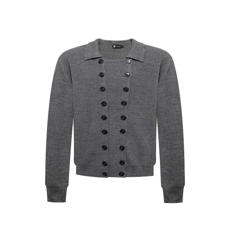 Men's Double-Breasted Knit Cardigan with Shirt Collar and Ribbed Cuffs Amarae