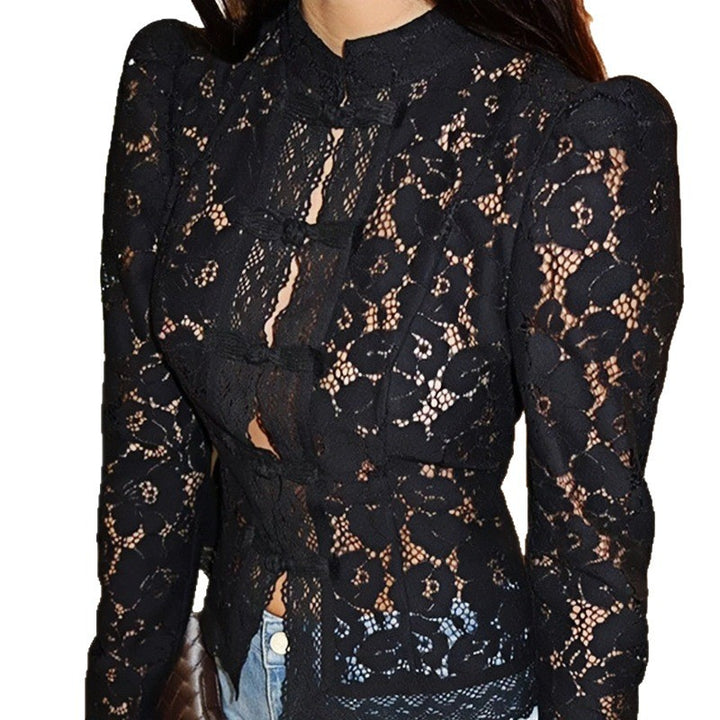 Lace blouse for women with fine gathered details and transparent sleeves Lune London