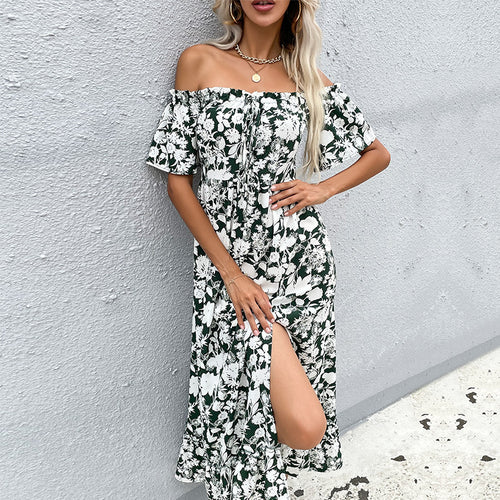 Robe maxi femme à épaules dénudées avec motif floral et fente ludique Chic & Stil