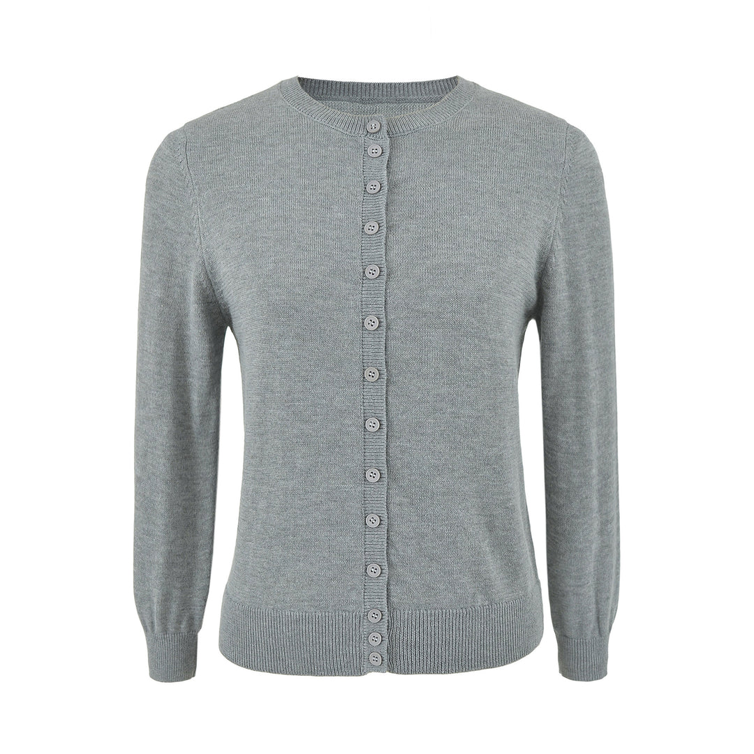 Ladies finely knitted round neck cardigan with button placket and ribbed cuffs Amarae