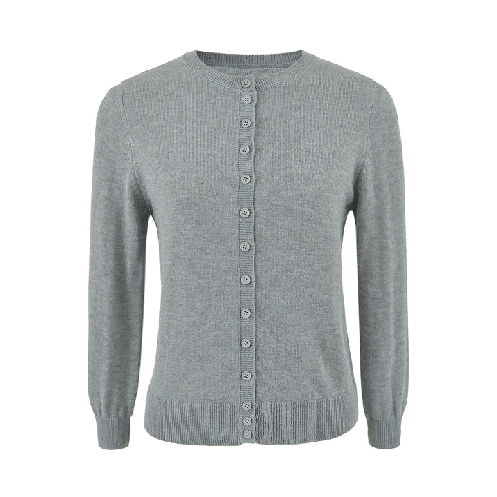 Ladies finely knitted round neck cardigan with button placket and ribbed cuffs Amarae