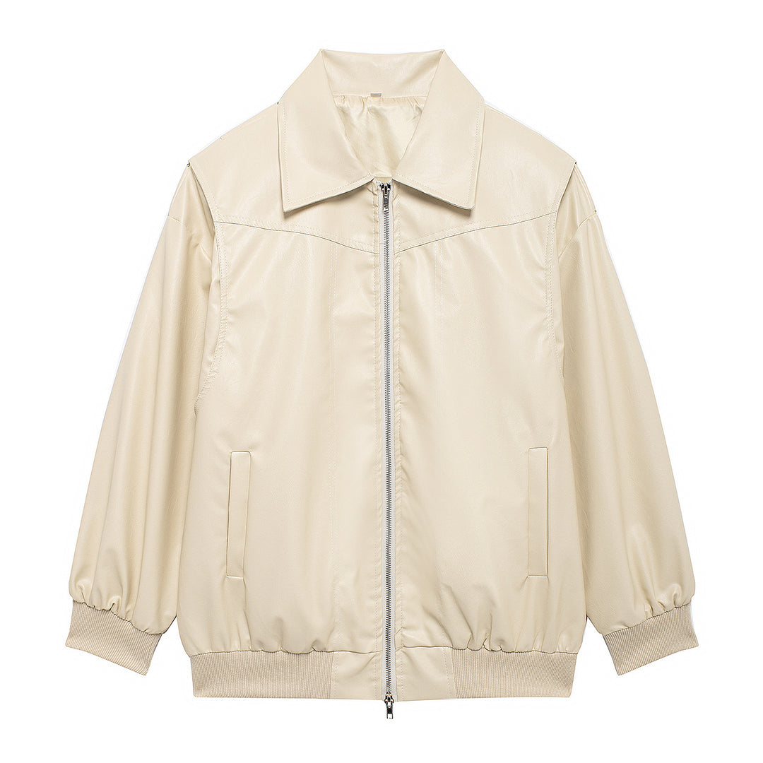 Ladies Trendy Faux Leather Jacket with Elastic Cuffs and Practical Pockets Lune London