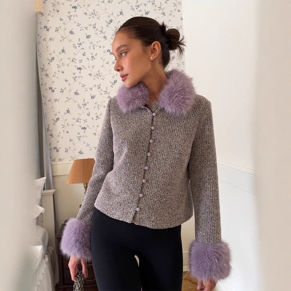 Women's Boucle Jacket with Removable Faux Fur Collar and Fur Cuffs Amarae