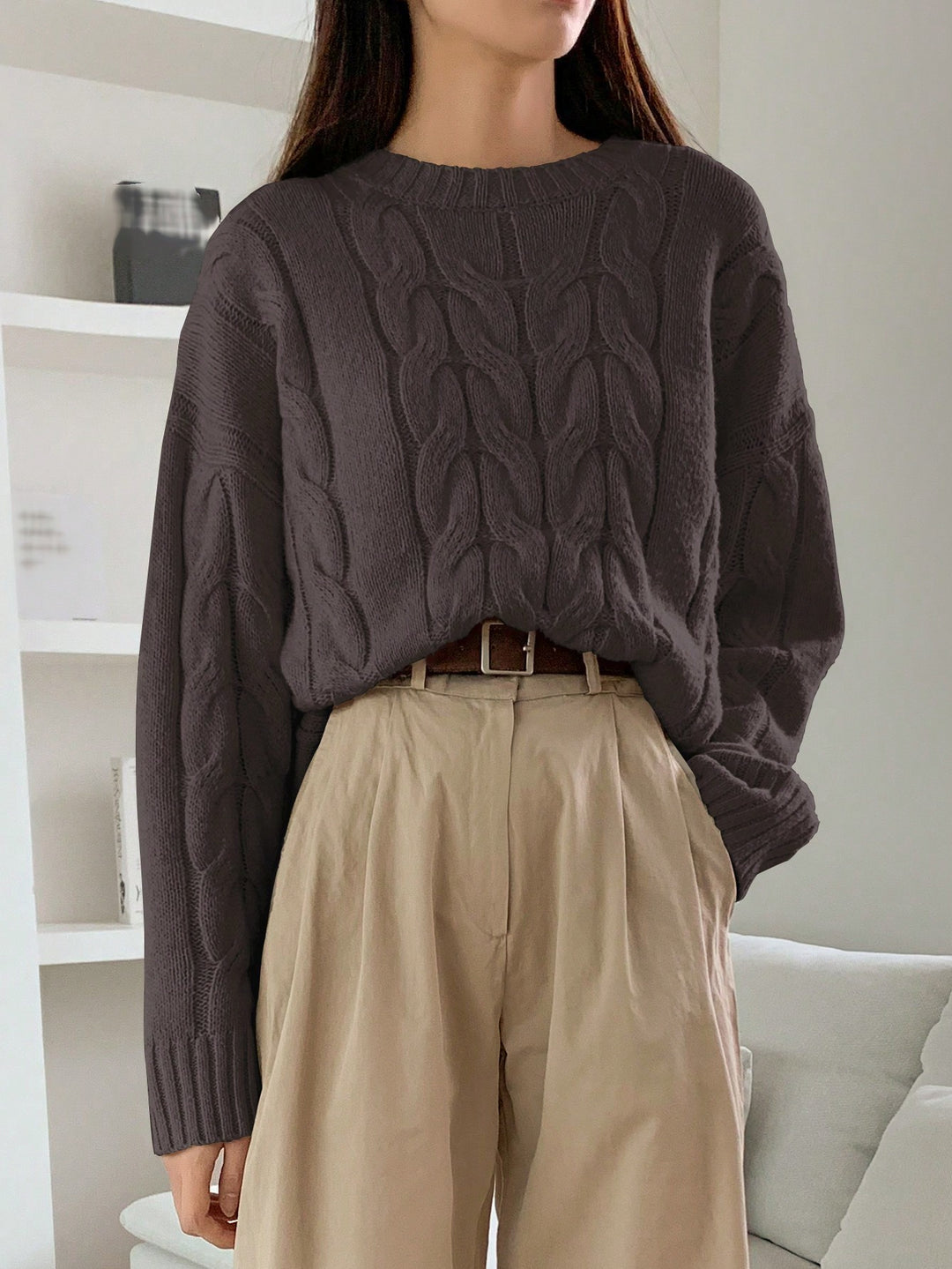 Chunky knit sweater for women with cable design Lune London