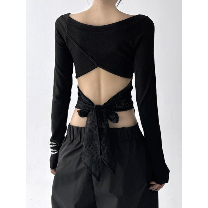 Women's casual long sleeve top with open back and decorative tie belt Chic & Stil
