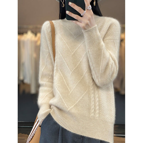 Women's thick knit sweater with an innovative cable pattern and a high collar Amarae