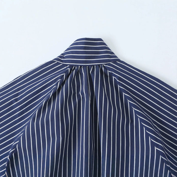 Women Striped Blouse with Stand Collar, Full Button Placket and Drawstring Waistband Amarae