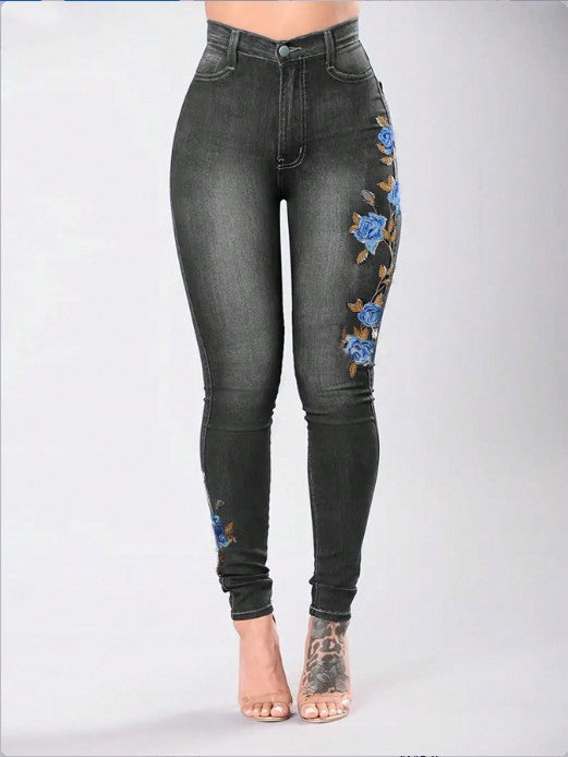 Women High-Waisted Sculpting Skinny Jeans with Side Floral Embroidery Amarae