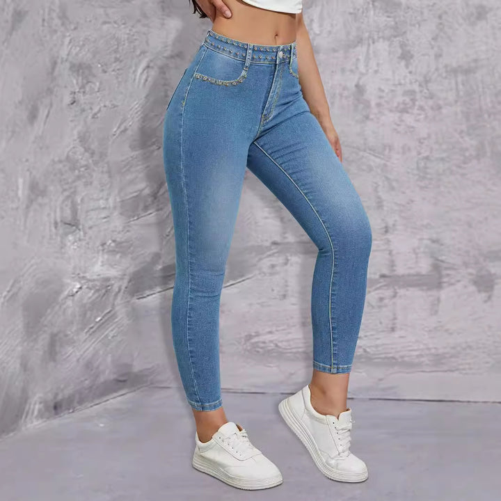 Ladies high-waisted skinny jeans with rhinestone embellishments and ankle-length cut Amarae