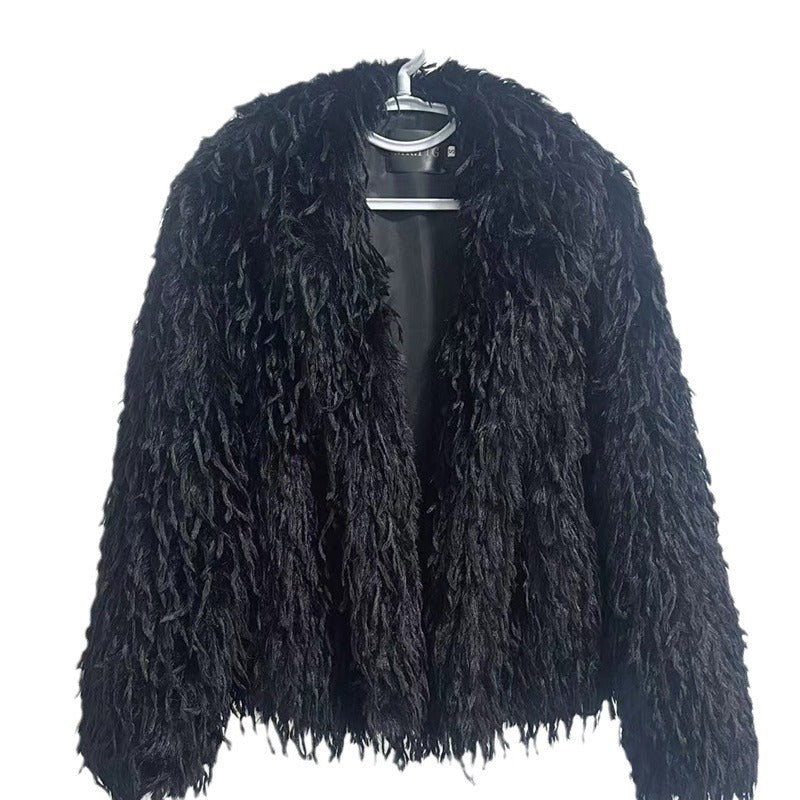 Ladies Short Cozy Jacket in Synthetic Fur with Chic and Stylish V-Neck