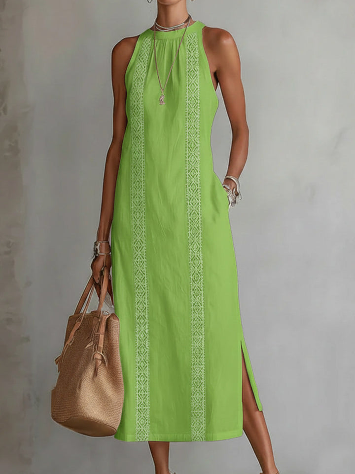 Women Elegant Summer Maxi Dress with Lace Appliqué and Side Slit Lune London