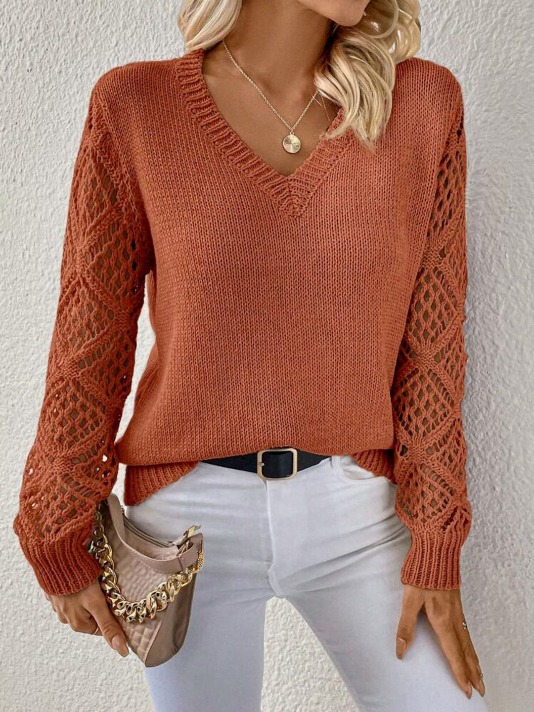 Casual V-neck knitted sweater for women with lace-up pattern Lune London